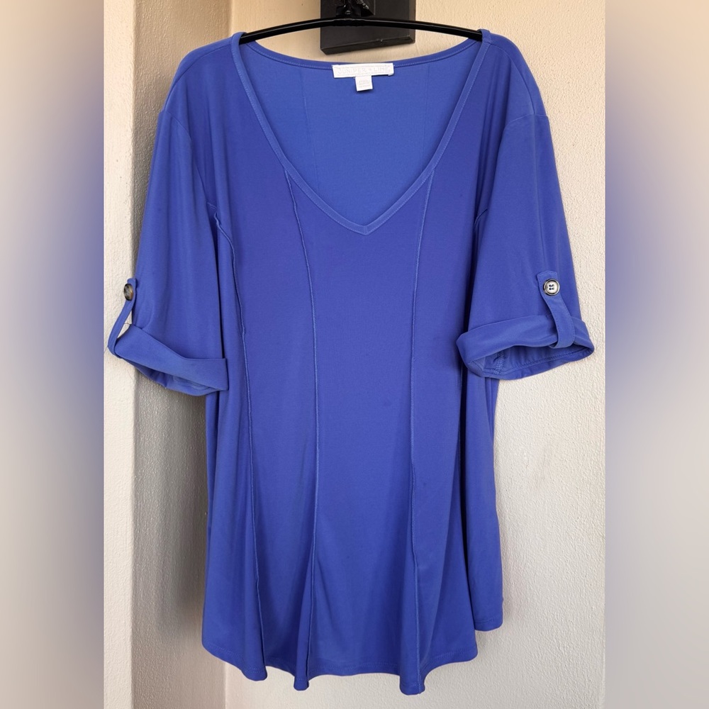 Juniper & Lime Womens Blue Swing Tunic Short Roll Tab Sleeve V-Neck Stretchy PXL